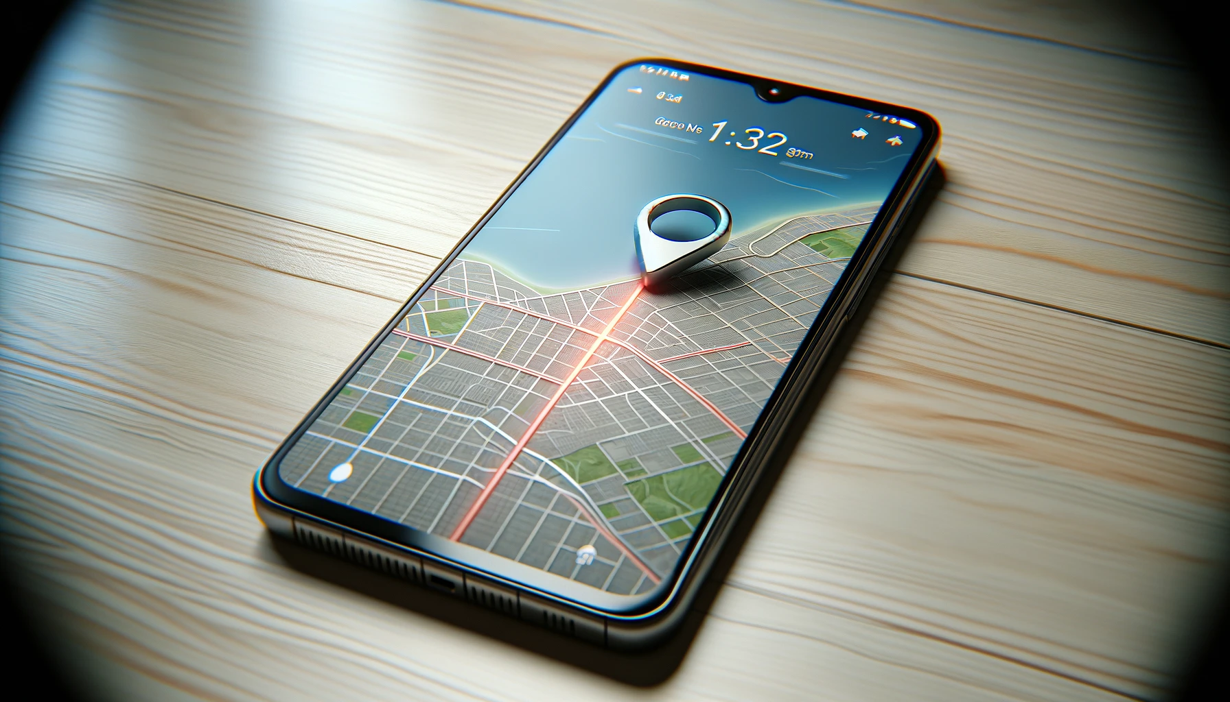 a smartphone with a location tracking app open. The app displays a dynamic map with a route highlighted, suggesting navigation.