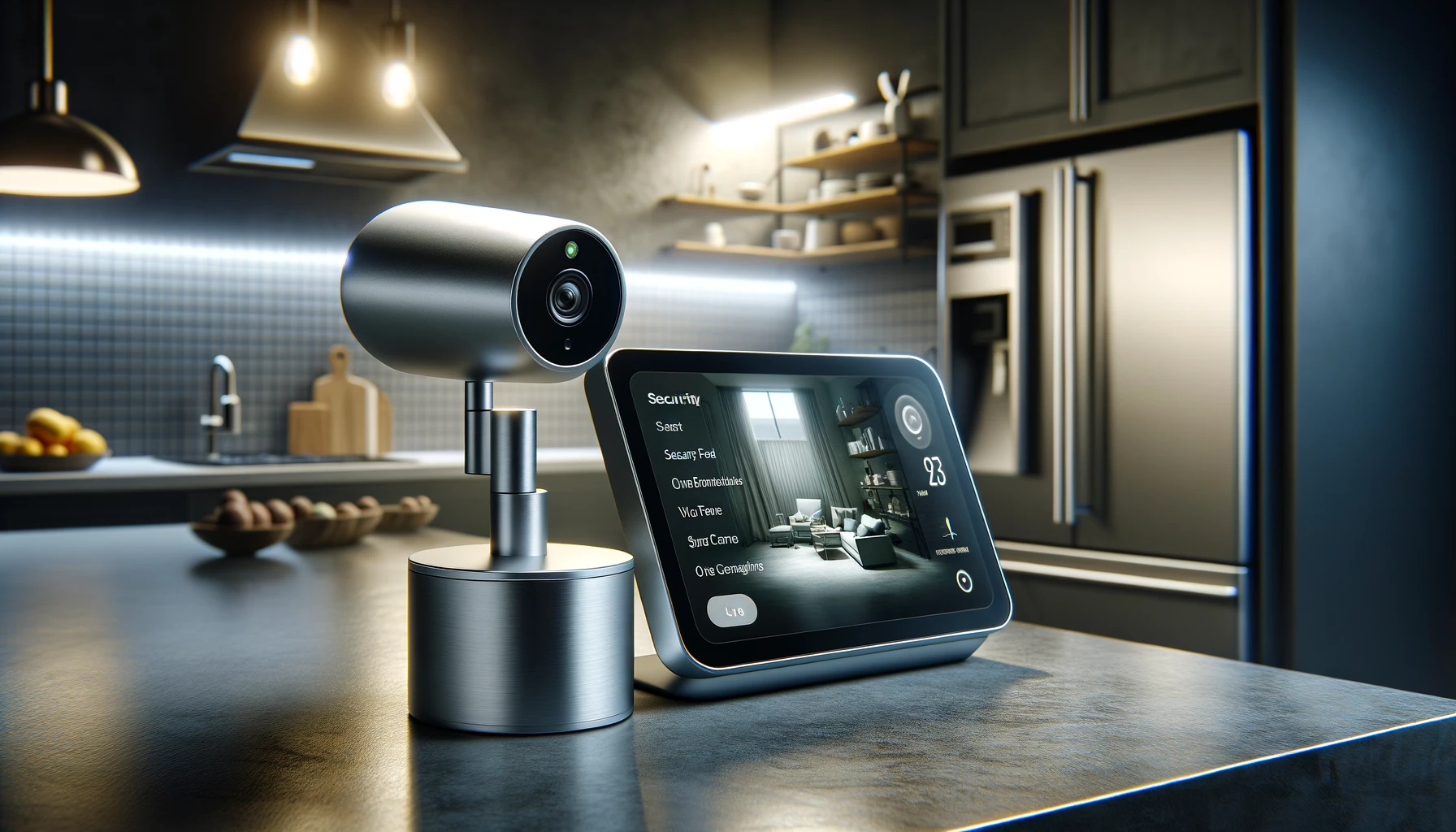a smart home security system in a modern kitchen, including a security camera and a smart display.