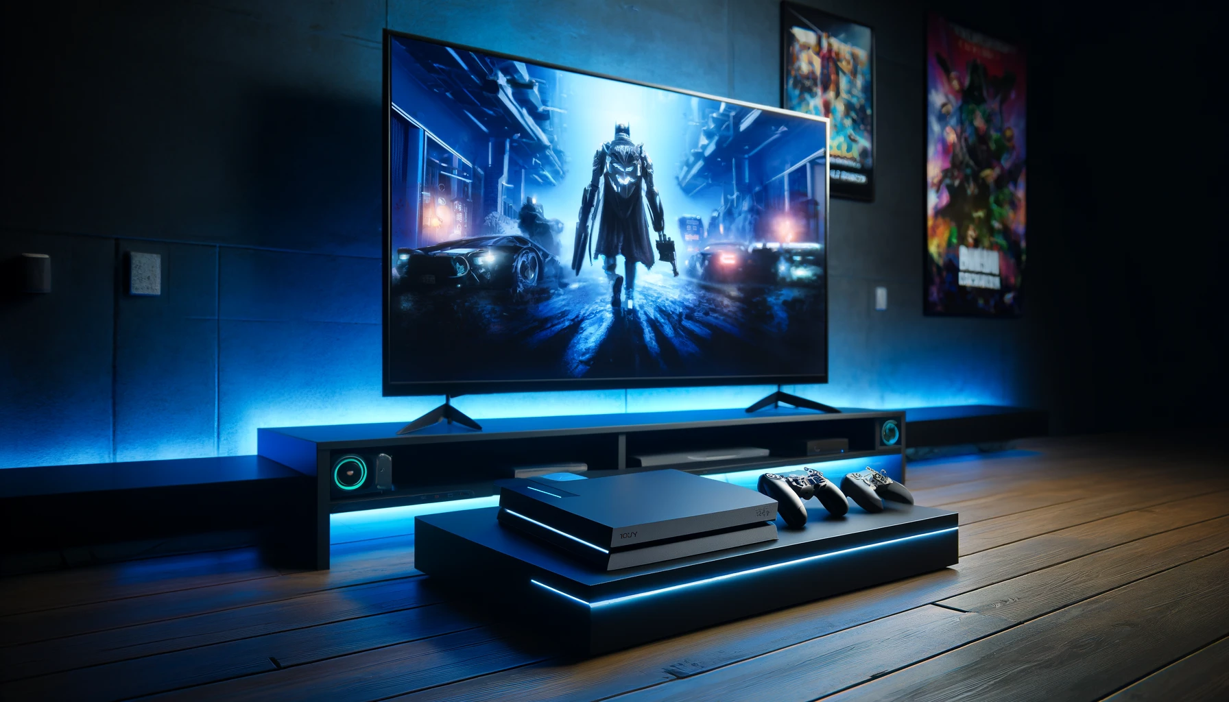a modern gaming console setup in a living room with ambient lighting and game-themed decor.