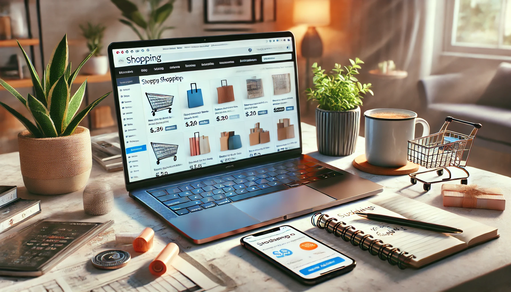 a modern online shopper's workspace featuring a sleek laptop with shopping websites open, a smartphone displaying a price comparison app, and a notepad for budgeting notes.