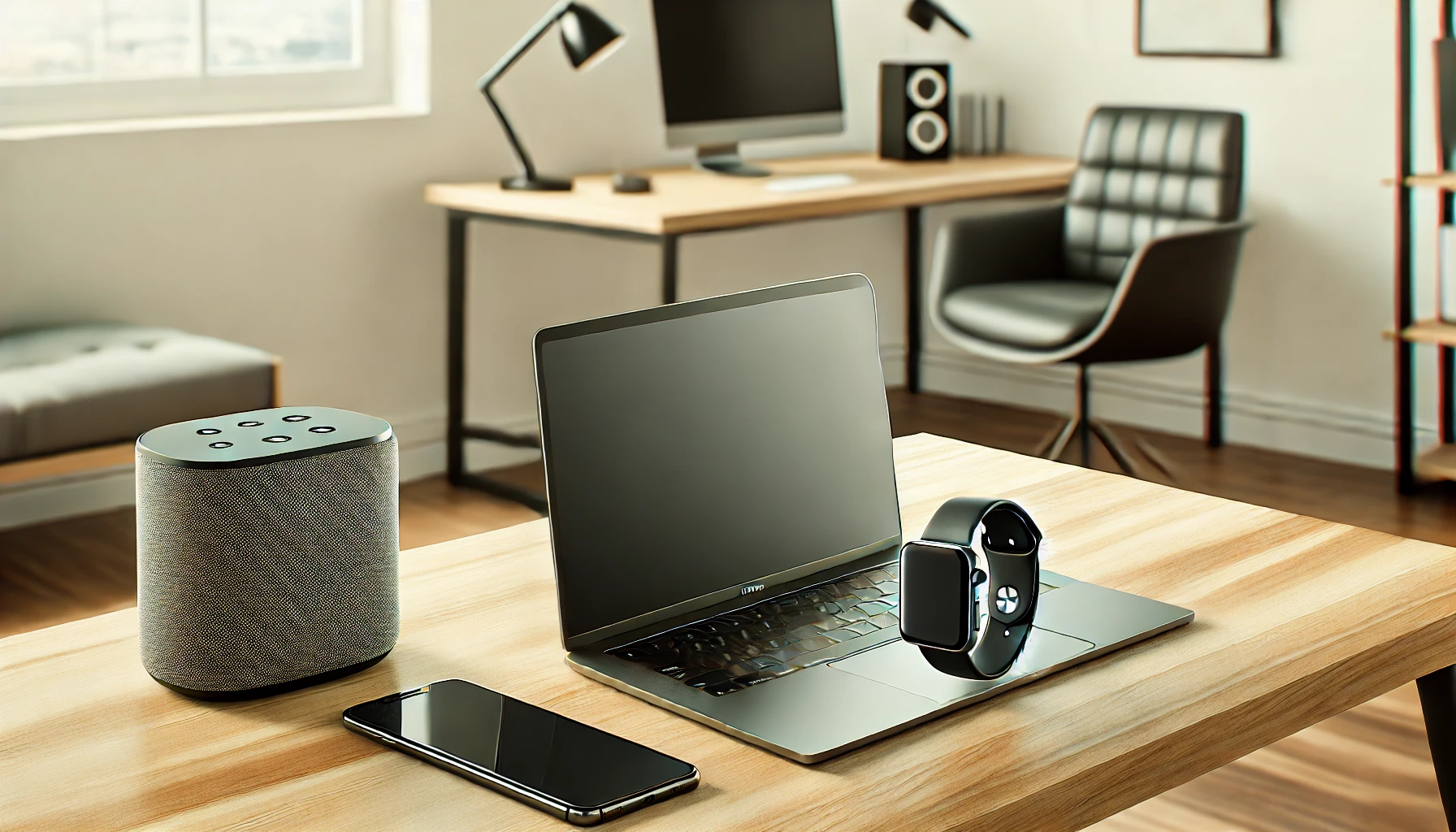 cutting-edge technology, including a sleek laptop, a smartphone, and a smartwatch, neatly arranged on a minimalist wooden desk.