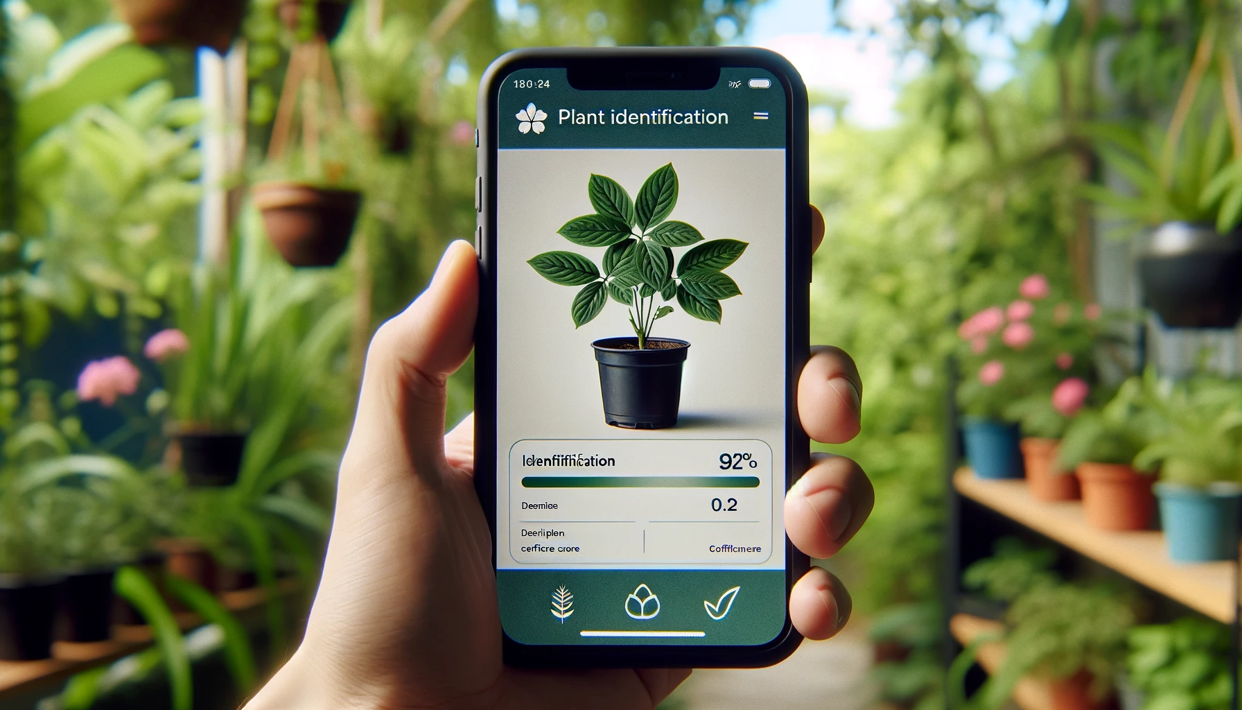 A smartphone displaying a plant identification app interface. The screen shows a clear image of a plant with identification results, including the plant's name, description, and confidence score.