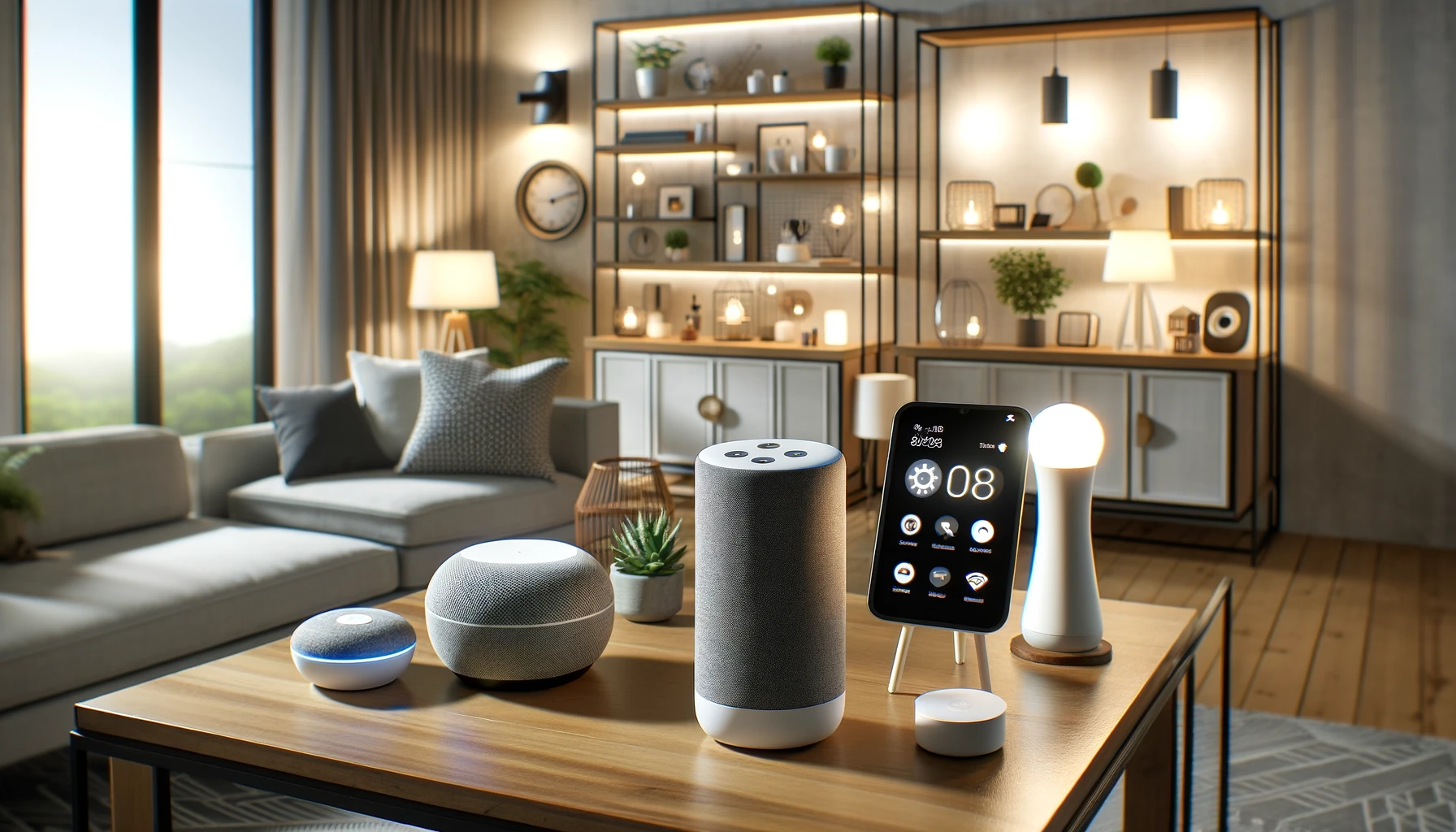 A modern home environment showcasing smart home devices controlled by a voice assistant. The scene includes a smart speaker on a table, smart lights, and other connected devices like a thermostat and a security camera.