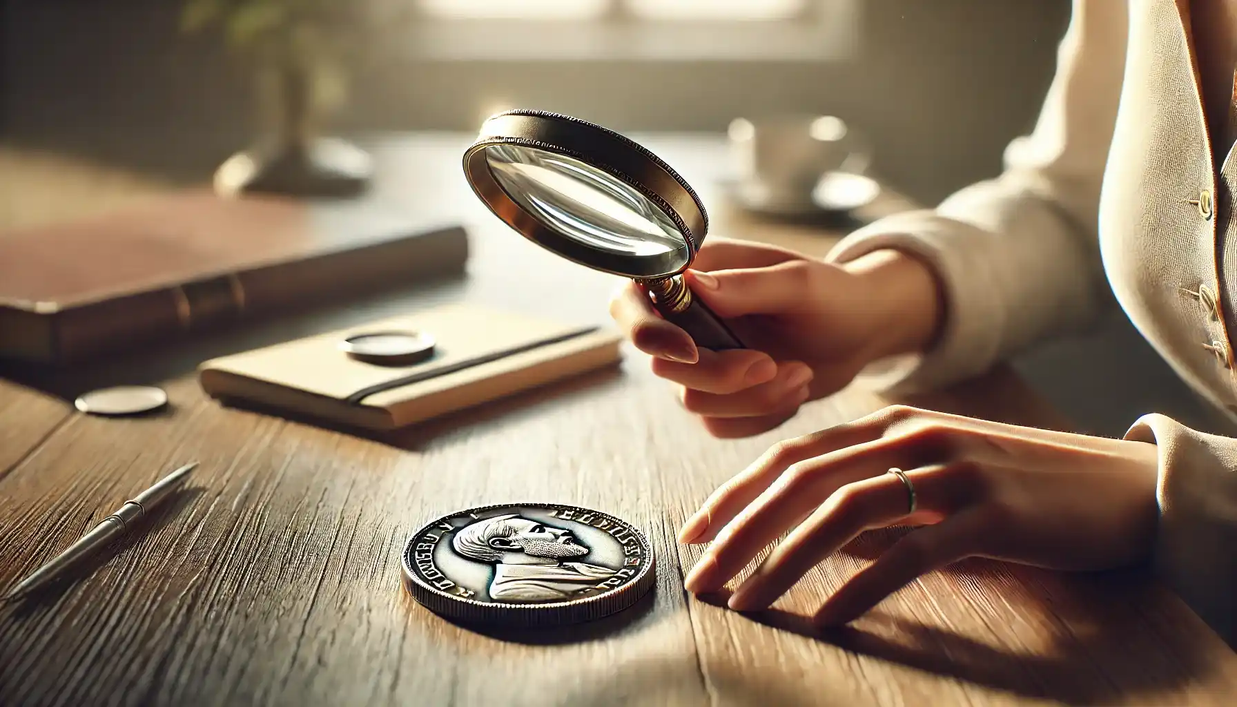 An image of a person carefully examining a large vintage coin with a magnifying glass.