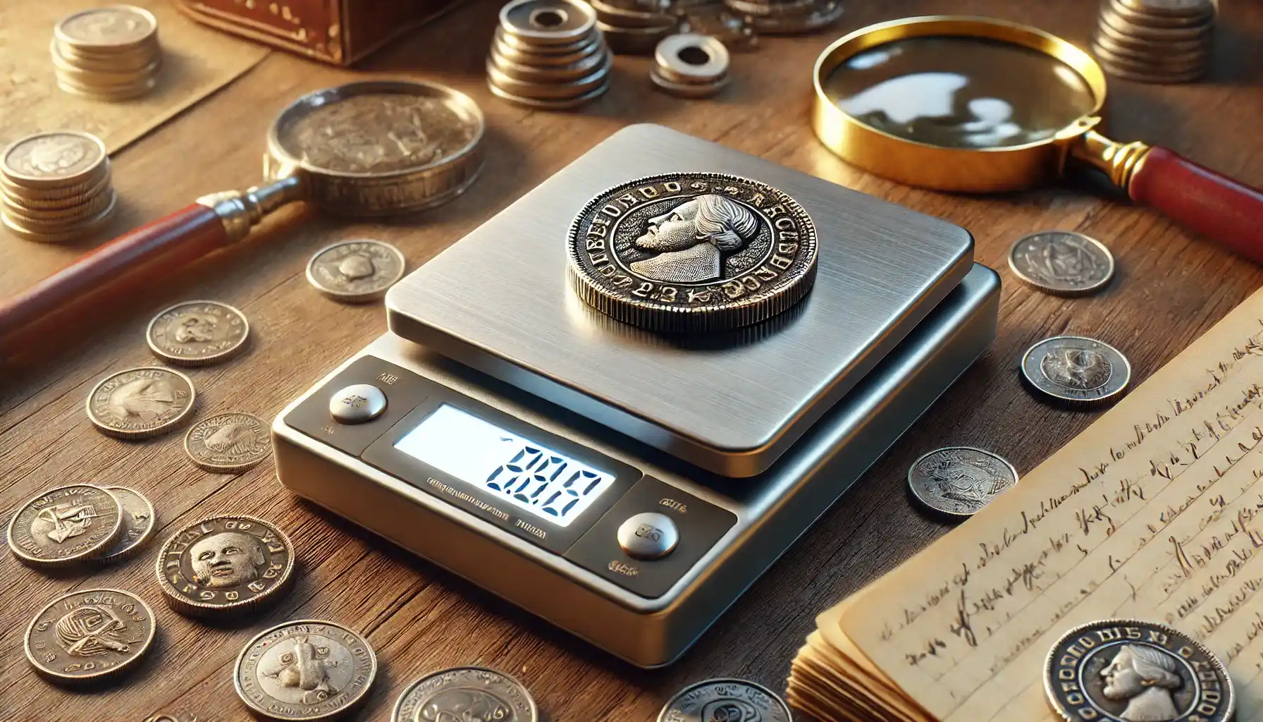 An image of a sleek digital scale with a vintage coin on it, surrounded by numismatic tools like a magnifying glass, scattered coins, and a handwritten notebook.