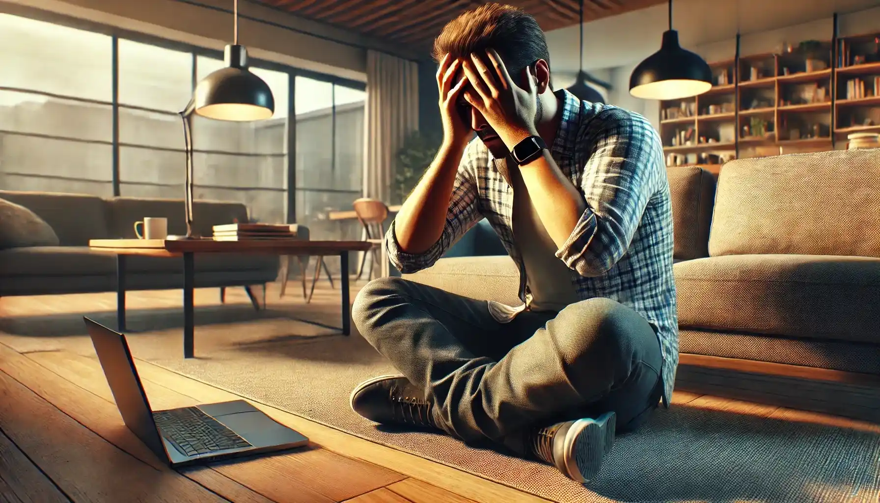 A distressed man is sitting in a modern living room, holding his head in his hands, trying to remember where he lost his smartphone.